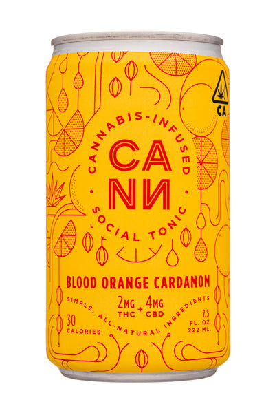 A can of CANN cannabis-infused social tonic with THC and CBD. A THC + CBD beverage that is all-natural, with simple ingredients.