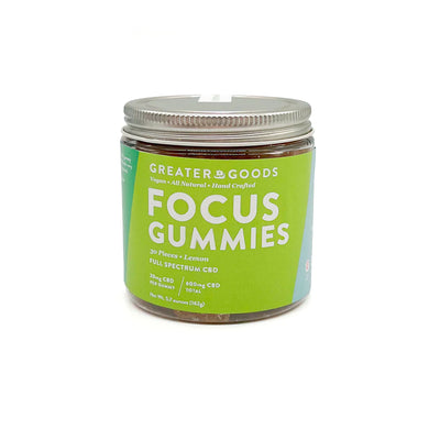 Greater Goods CBD Focus Gummies with Lion's Mane + L-Theanine. CBD gummies with mushrooms. Mushroom gummies. CBD gummies for focus. CBD gummies for day time. Mushrooms for focus.