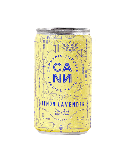 A can of CANN's Lemon Lavender CBD + THC seltzer. A cannabis-infused, all-natural social tonic.