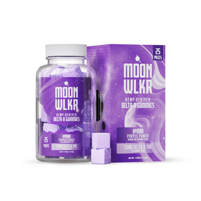 A bottle and box of MoonWlkr Hydra Purple Punch Delta 8 gummies. Two gummies sit outside the bottle and are purple and sparkly.