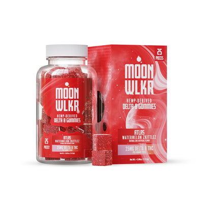 Bottle of MoonWlkr Watermelon Zkittlez Delta 8 Indica Gummies. Delta 8 gummies for sleep, chill, pain, relaxing, anxiety.