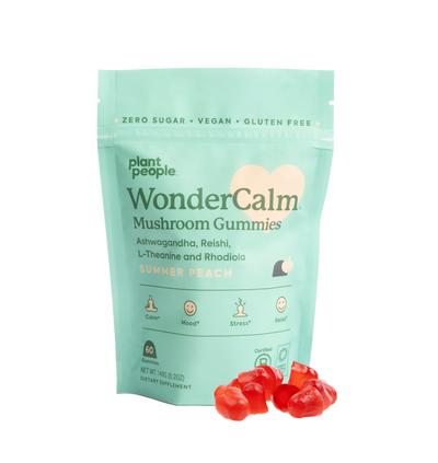A teal bag of WonderCalm gummies by Plant People. Mushroom gummies for calm, anxiety, mood, and immunity.