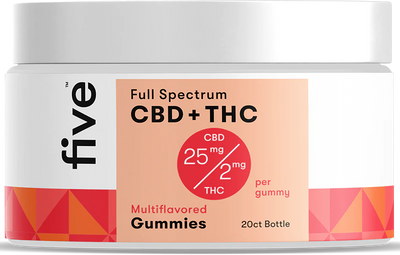 A jar of Five Original Full-Spectrum CBD + THC Gummies. Microdose THC gummies. Microdose gummies. Best CBD gummies. 