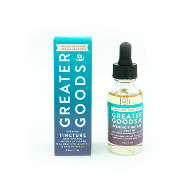 A bottle of Greater Goods CBD + CBN Evening Sleep oil tincture with its box. 
