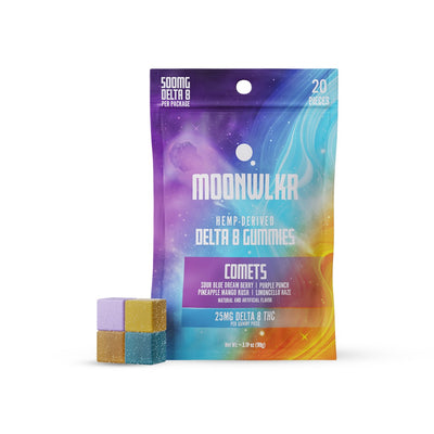 Bag of MoonWalkr Comets Delta 8 gummies, with an assortment of flavors and strains for a soothing, calming, or relaxing effect.