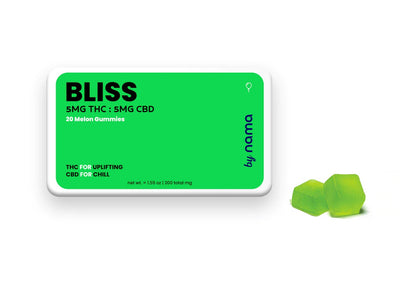 Tin of Nama Bliss Microdose CBD + THC gummies for uplifting, chill, pain