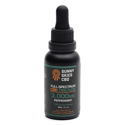 Bottle of Sunny Skies Full-Spectrum CBD Oil Tincture 3000mg in Peppermint flavor.