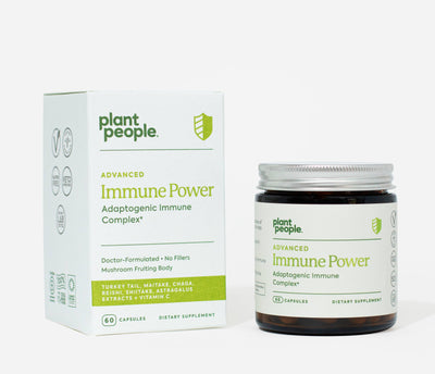A bottle of Advanced Immunity Power capsules by Plant People for Immunity, energy, and wellness.