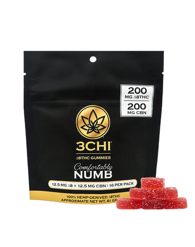 Bag of 3Chi Comfortably Numb Delta 8 and CBN sleep gummies, for a soothing, calming, or relaxing effect. Delta 8 gummies for sleep, Delta 8 gummies for relaxing, Delta 8 gummies for anxiety.