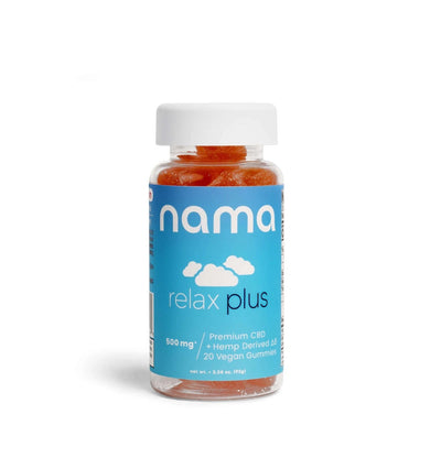 Bottle of Nama Relax Plus CBD + THC gummies. Watermelon CBD gummies. CBD THC microdosing gummies. CBD THC gummies for relaxing, chill, evening, anxiety, pain, pms.