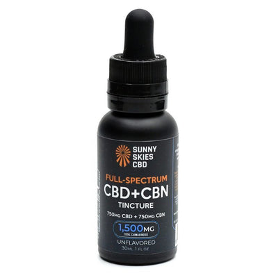 A bottle of Sunny Skies Sleep Full-Spectrum CBD + CBN Oil.