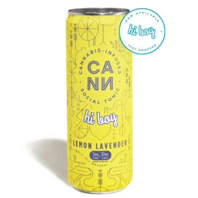 A Cann Hi Boy cannabis seltzer in Lemon Lavender flavor with 5mg THC and 10mg CBD. 