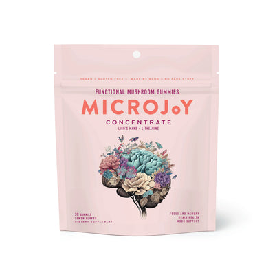 A bag of MicroJoy Concentrate Functional Mushroom Gummies with Lion's Mane and L-Theanine . The gummies are for focus, memory, brain health, and mood support. The bag is pretty with a brain with flowers and butterflies on it.