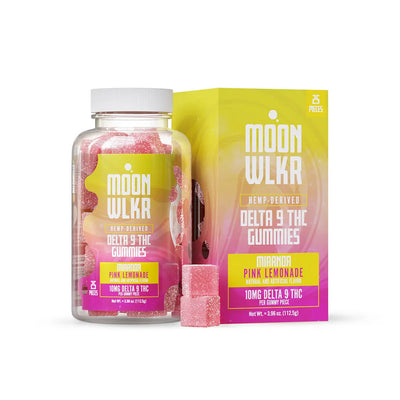 A bottle of MoonWlkr Miranda Pink Lemonade Indica THC Gummies. THC gummies for relaxing, pain, sleep, delicious, anxiety, chill, relaxing.