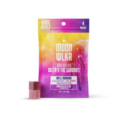 A sample pack of MoonWlkr Delta 9 THC gummies. Four gummies per pack include Nix Black Raspberry Hybrid and Miranda Pink Lemonade Indica. The gummies are pink and purple and look delicious. 