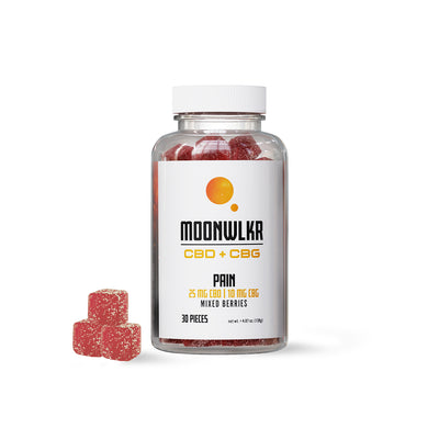 A bottle of MoonWlkr CBD + CBG Pain Gummies for pain, pms, chill, anxiety, everyday gummies.