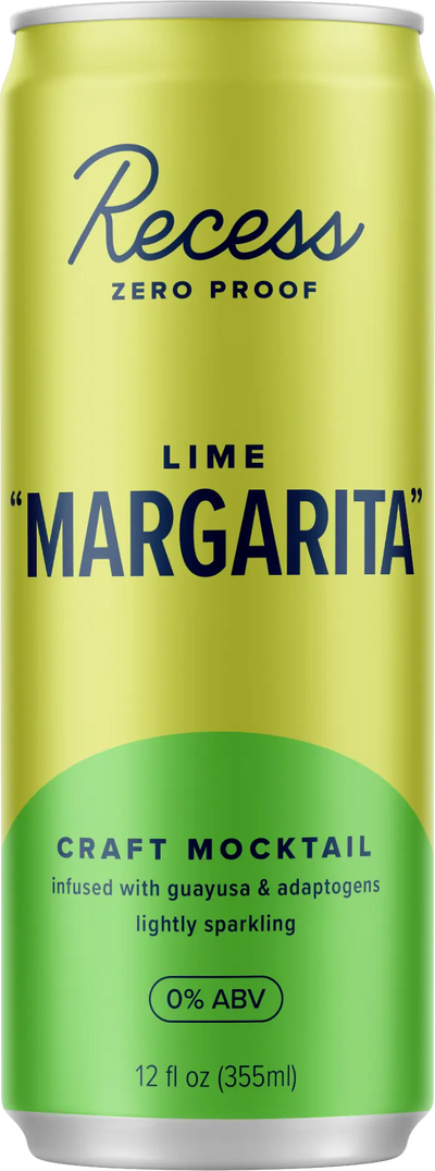 A can of Recess Zero Proof Lime Margarita Craft Mocktail is 0% ABV and contains guayusa and adaptogens to feel great with no alcohol. 