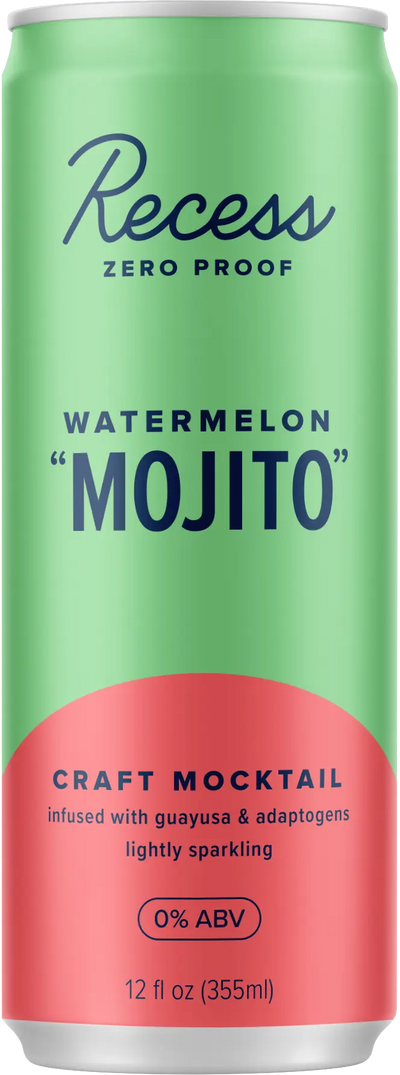 A bottle of Recess Zero Proof Watermelon Mojito Craft Mocktail. 0% ABV infused with guayusa and adaptogens. Non alcoholic beverage. 