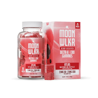 Bottle of MoonWlkr Watermelon Zkittlez Delta 8 + CBD Indica Gummies. Delta 8 gummies for sleep, chill, relaxing, pain, anxiety. CBD gummies for chill, relaxing, sleep, pain, anxiety.