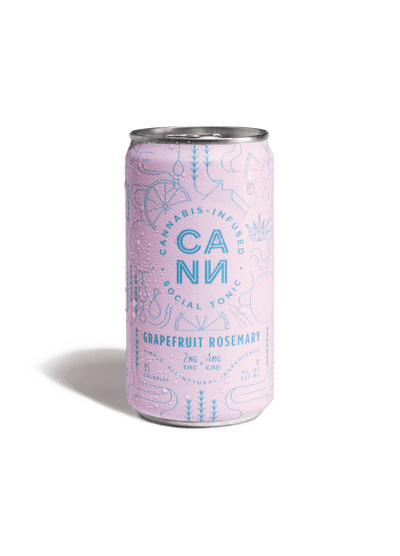 A can of CANN Grapefruit Rosemary CBD + THC seltzer. Cannabis-infused social tonic. 