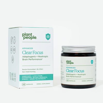 A bottle of Advanced Clear Focus capsules by Plant People for brain performance, focus, energy, and memory.