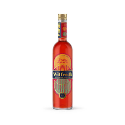 A bottle of Wilfred's Bittersweet Aperitif. The bottle is art deco style with orange accents. Non-alcoholic Aperitif and Mocktail.
