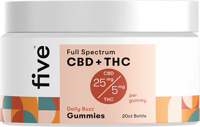 A jar of Five Daily Buzz Full-Spectrum CBD + THC Gummies. Microdose THC gummies. Microdose gummies. Best CBD gummies. 