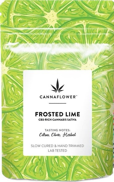 A bag of Cannaflower low-THC, high-CBD Frosted Lime Sativa Flower.