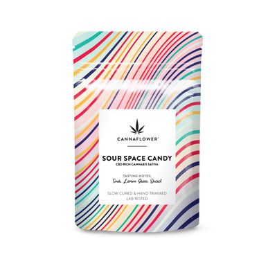A bag of Cannaflower low-THC, high-CBD Sour Space Candy Sativa Flower.