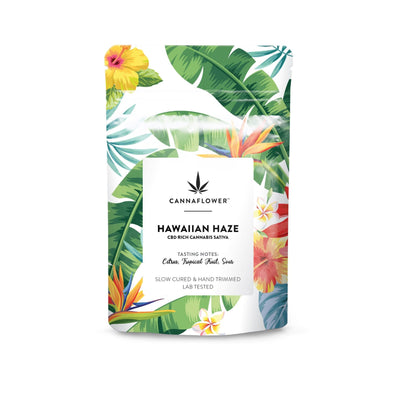 A bag of Cannaflower low-THC, high-CBD Hawaiian Haze Hybrid Flower.