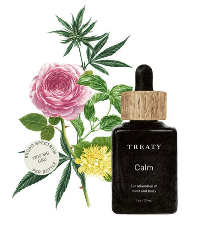 A bottle of Treaty Calm CBD Oil with botanicals