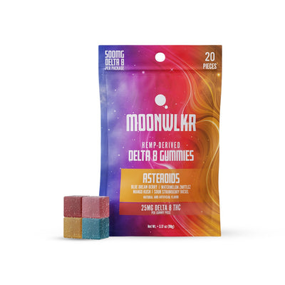 Bag of MoonWalkr Asteroids Delta 8 gummies, with an assortment of flavors and strains for a soothing, calming, or relaxing effect.