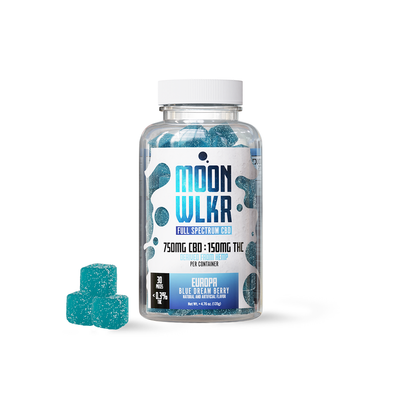 Bottle of MoonWlkr Blue Dream Berry Europa CBD + THC Gummies for focus, pain, anxiety