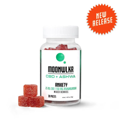 A bottle of Moonwlkr CBD + Ashwagandha Anxiety Gummies for anxiety, pain, chill, pms, everyday gummies