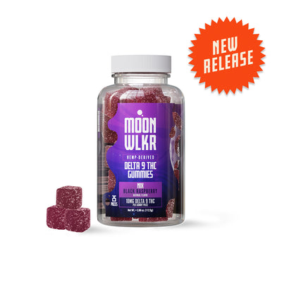 Bottle of MoonWlkr Nix Hybrid Black Raspberry Delta 9 THC Gummies. THC gummies for microdosing. THC gummies for relaxing, chill, pain, anxiety, any time.