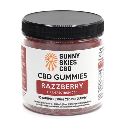 A jar of Sunny Skies Full-Spectrum CBD 50mg Gummies. CBD gummies for daily use. CBD gummies that won't get you high. CBD gummies for relaxing, take the edge off, chill, pain, pms, anxiety.