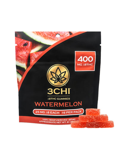 Bag of 3Chi Watermelon Delta 8 gummies, for a soothing, calming, or relaxing effect. Delta 8 gummies for sleep, Delta 8 gummies for relaxing, Delta 8 gummies for anxiety.